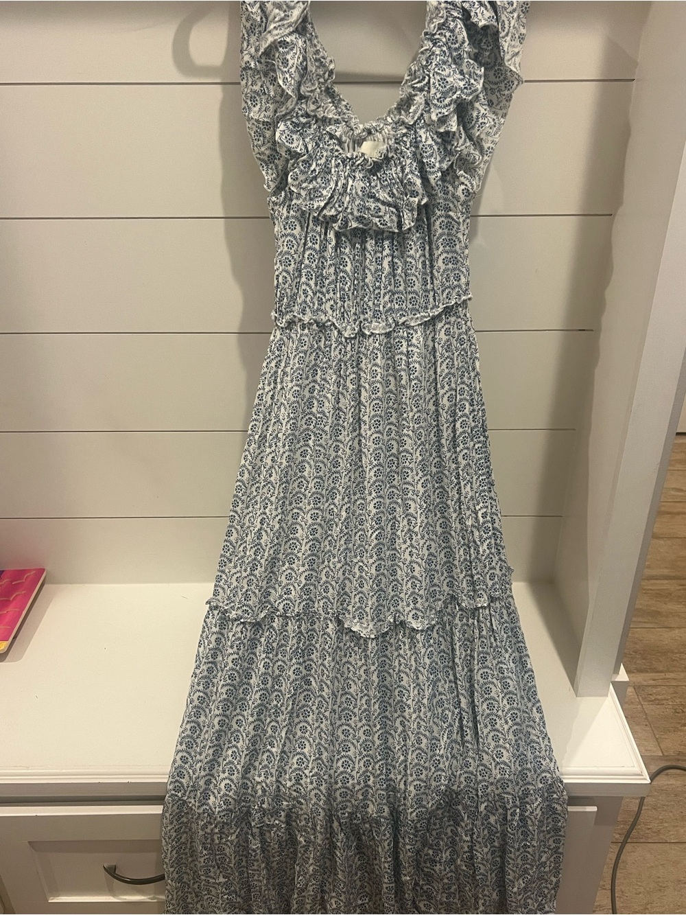 Pinc Blue and White Smocked Ruffle Maxi Dress